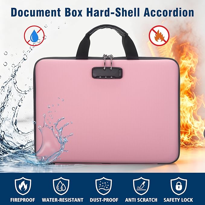 Fireproof Document Box with Lock, Hard-Shell Case Fireproof File Organizer with 13 Pocket Accordion File Folder, Portable Home Office Travel Safe Storage for Important Documents Laptop - Image 2