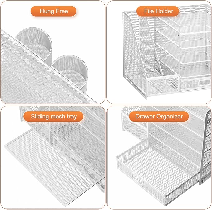 Marbrasse Desk Organiser with File Holder, 5-Tier Paper Letter Tray Organiser with Drawer and 2 Pen Holder, Mesh Desktop Organizer and Storage with Magazine Holder for Office Supplies(White) - Image 4