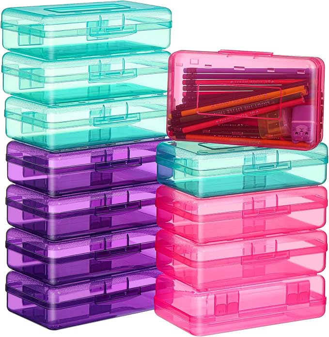 Fainne 24 Pack Pencil Boxes for School Clear Plastic Pencil Case Large Plastic Crayon Box Bulk Stackable Classroom Stationery Organizer School Supplies(Turquoise, Purple, Pink) by Fainne