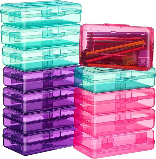 Fainne 24 Pack Pencil Boxes for School Clear Plastic Pencil Case Large Plastic Crayon Box Bulk Stackable Classroom Stationery Organizer School Supplies(Turquoise, Purple, Pink) by Fainne