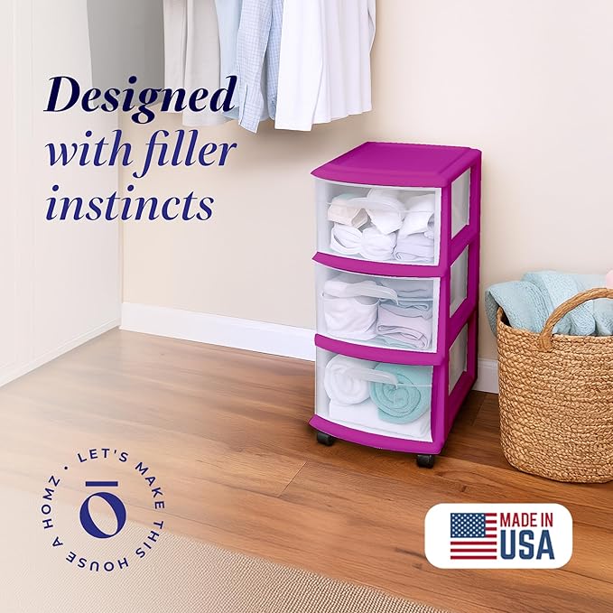 HOMZ Drawer Tower, 3-Tier Clear Plastic Storage Organizer Cart, Purple Frame - Rolling Drawer Containers with Wheels for Bathroom, Bedroom, Office, and Classroom Organization - Image 4