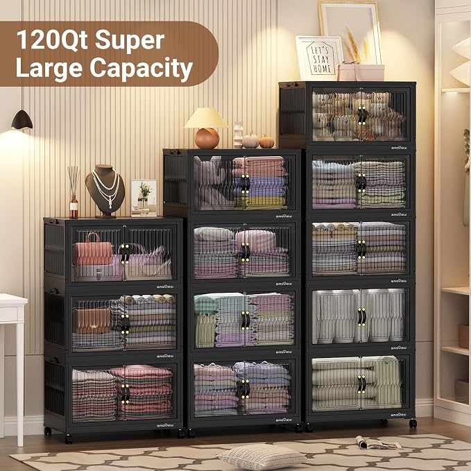 BROVIEW 480Qt Stackable Storage Bins with 4 Lids, Extra Large Closet Organizer Collapsible Drawer Boxes with Wheels, Folding Plastic Cabinet Containers for Home Kitchen Room Organization, 4Pack Black - Image 7