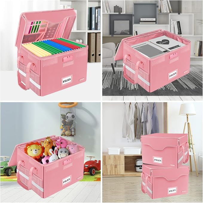 DocSafe Fireproof Document Box with Lock,File Storage Organizer with Zipper Pockets,Collapsible Portable File Box Home Office Safe Filing Cabinet with Handle for Hanging Letter/Legal Folder,Pink - Image 2