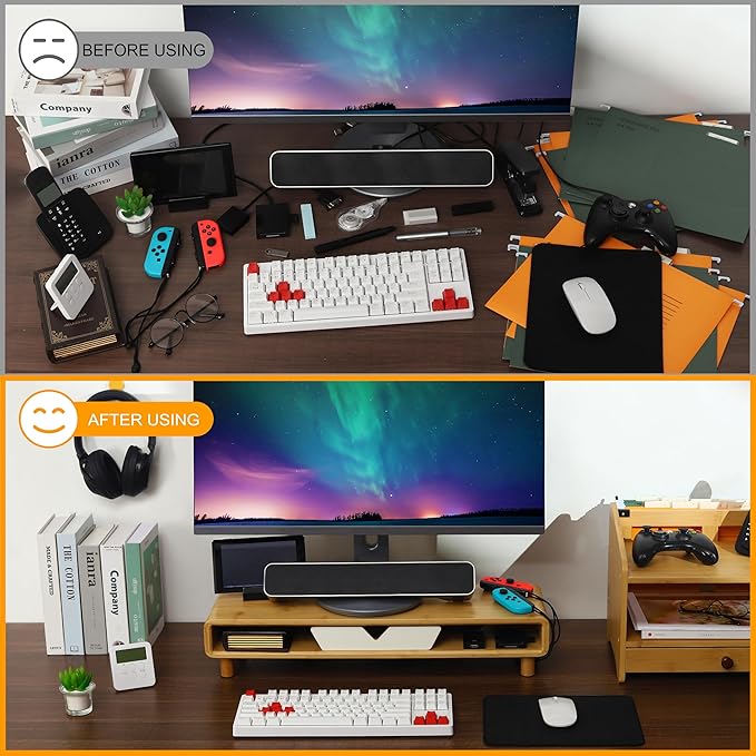 Homerays Monitor Stand with Drawer, Exquisite Computer Monitor Stand for Desk, Ergonomic Wood Monitor Stand Riser for Computer,Laptop,Printer,TV,Bamboo,White - Image 3