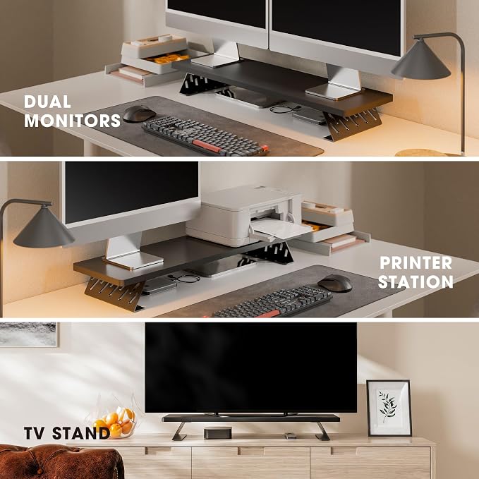Fenge Monitor Stand Riser, Wooden & Metal Desk Shelf Organizer, Black | 31.5in Computer Stand, Single Monitor Setup, for Compact Work Station, Multifunctional Monitor Shelf for Laptop, PC, Printer - Image 7