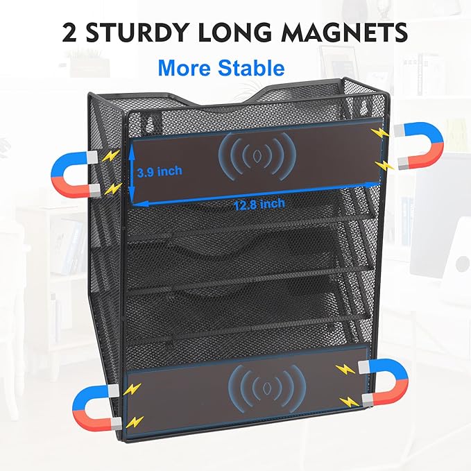 Magnetic 5 Pocket Mesh Hanging File Organizer, Wall Mounted Mail Paper Document Folder Holder, Clipboard Storage Organization Magazine Rack with Nametag Label for Office Home School, Black - Image 2