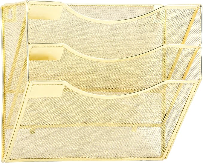 3 Pocket Mesh Hanging Wall File Organizer, Wall Mounted Mail Paper Document Folder Holder, Clipboard Storage Organization Magazine Rack with Nametag Label for Office Home School, Gold by EASEPRES