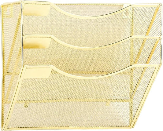 3 Pocket Mesh Hanging Wall File Organizer, Wall Mounted Mail Paper Document Folder Holder, Clipboard Storage Organization Magazine Rack with Nametag Label for Office Home School, Gold by EASEPRES
