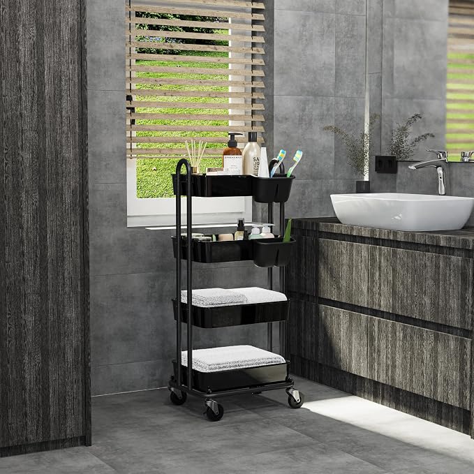 Simple Houseware 4-Tier Rolling Utility Cart with Hanging Bucket, Black | Storage for Bathroom, Kitchen, Office, Study Room, Nursery Diaper - Image 9