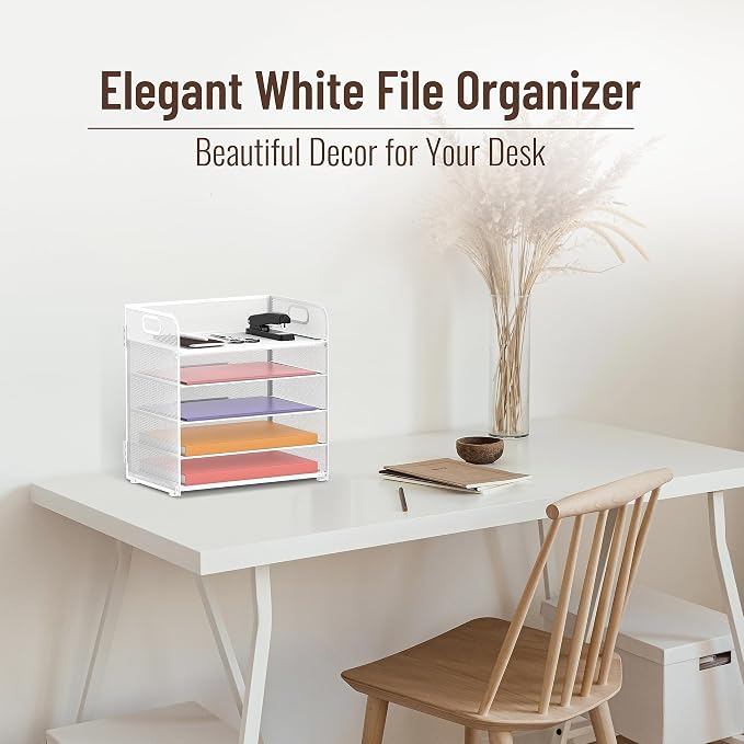 2 Pack 5-Tier White Desk Organizer with Handle Mesh Desk File/Paper Organizer Letter Tray for Office, School and Home Easy Installation - Image 2