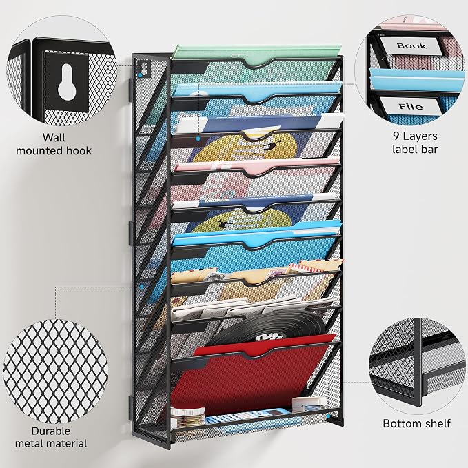 Lavatino 10-Tier Hanging File Organizer, Wall Mount File Holder for Mails Folders Papers Magazine Organization, Vertical Document Organizer for Office Home Black - Image 3