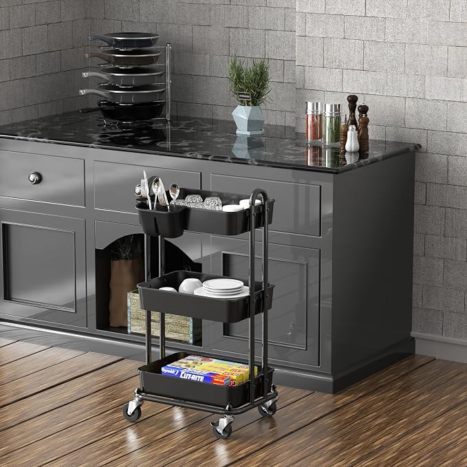 Simple Houseware 3-Tier Rolling Utility Cart with Hanging Bucket, Black | Storage for Bathroom, Kitchen, Office, Study Room, Nursery Diaper - Image 5