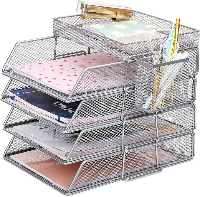 EXERZ Paper Trays Stackable 6pcs including 4 x Sorters, 1 x Top Tray,1 x Side Basket - Metal Desk Organiser/File Holder - Office, School by Exerz