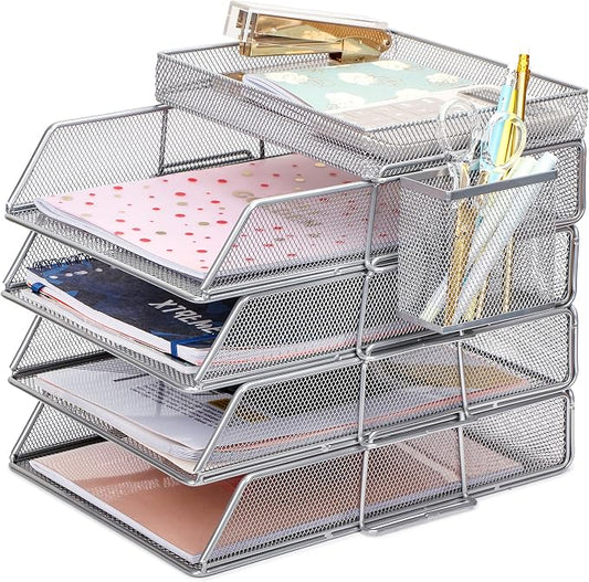 EXERZ Paper Trays Stackable 6pcs including 4 x Sorters, 1 x Top Tray,1 x Side Basket - Metal Desk Organiser/File Holder - Office, School by Exerz