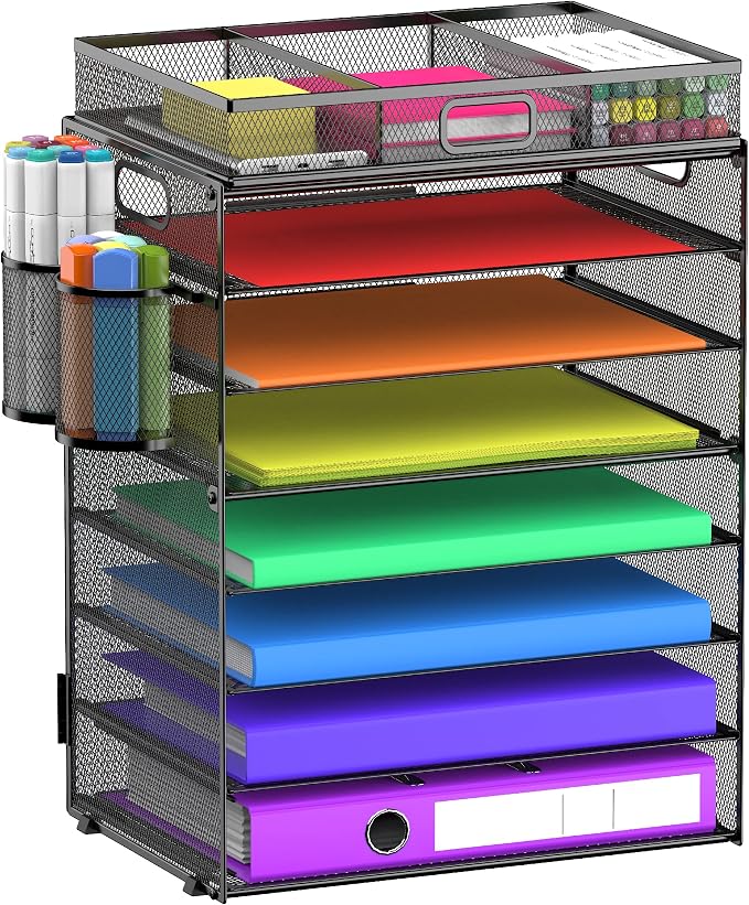 8 Tier Paper Letter Tray Organizer (Black-with Drawer,Pen Holders) | Mesh Desk File Holder Storage Organization for Home School Classroom & Office - Image 2