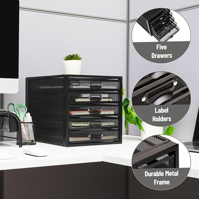 Mind Reader File Storage Drawers, Desk Organizer, Multi-Purpose, Crafts, Office, Metal Mesh, 11"L x 14"W x 11"H, Black, 5 Drawer - Image 4