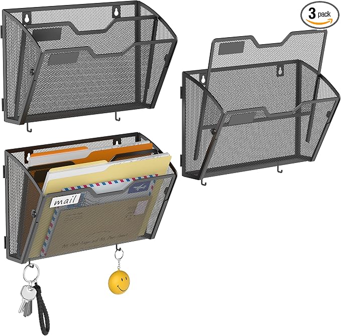 Docnest 3 Pack 2 Tier Mesh Wall File Holders with Hooks for Mail, Black | Space-saving vertical design with utility hooks. Ideal paper document organizer for office, home, and school by DocNest