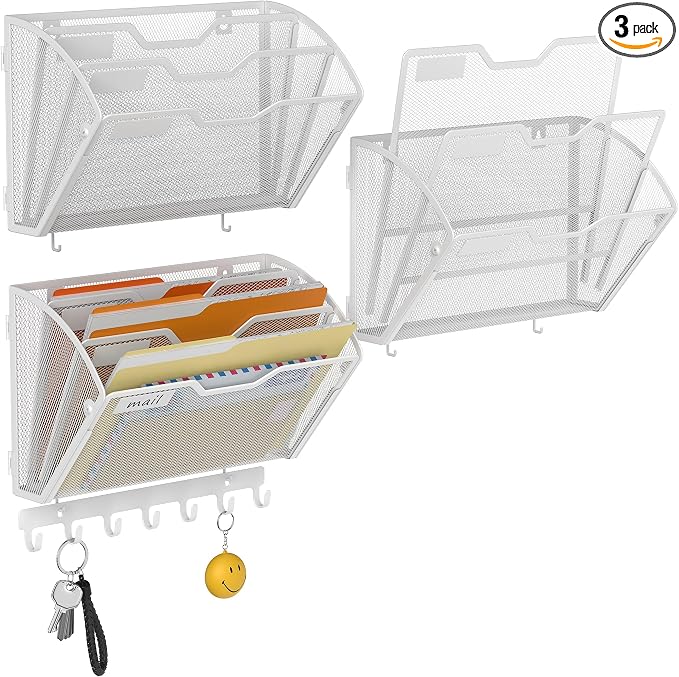 Docnest 3 Pack 3 Tier Mesh Wall File Holders with Hooks for Mail, White | Space-saving vertical design with utility hooks. Ideal paper document organizer for office, home, and school by DocNest