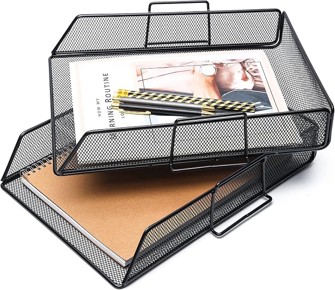 Exerz Paper Sorter Stackable/Desk Letter Tray A4 File Holder 2pcs - Wire Mesh - Office, School - Black | Durable Metal Mesh Holds Papers Files Folders Notebooks And Magazines For Office Home Study Classroom Desks - Image 9