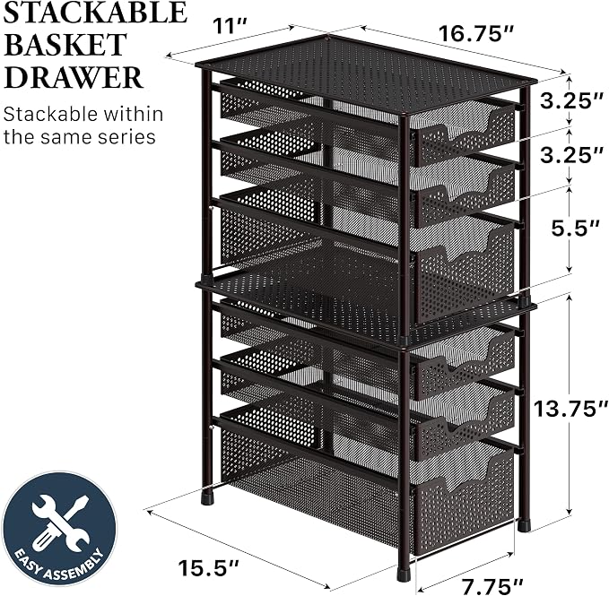 Simple Houseware Stackable 3 Tier Sliding Basket Organizer Drawer, Bronze - Image 2