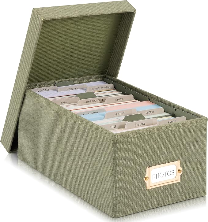 ZICOTO Decorative Photo Storage Box - Sturdy Linen Photo Organizer with Dividers is Perfect to Store Up to 850 Pictures and 4x6 Photos - Portable Scrapbook Storage Containers with Lid by ZICOTO