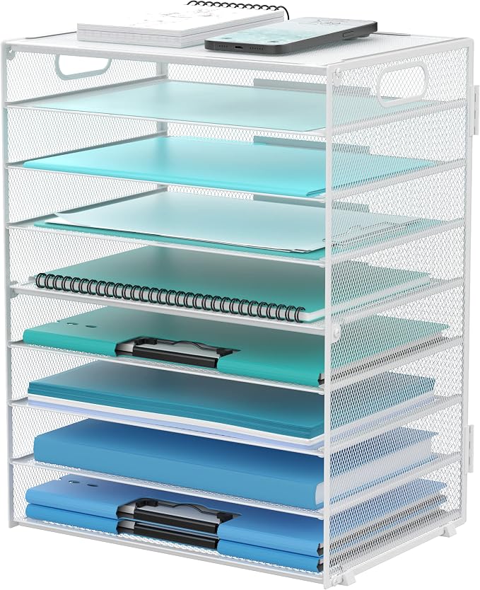 9-Tier Paper Organizer for Desk, Metal Mesh Letter Tray with Handles, White | Desk File Organizer with Removable Trays for Sorting Files, Folders, Mail and Printer Paper at Home, School or Office by DALTACK