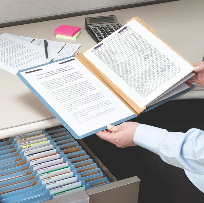 Smead Pressboard Classification File Folder with SafeSHIELD Fasteners, 3 Dividers, 3" Expansion, Legal Size, Blue, 10 per Box (19094) (Pack of 1) - Image 2