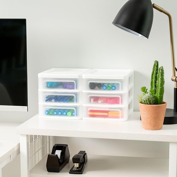 Bundle of IRIS USA Plastic Stacking Desk Top 3-Drawer Storage Organizer, 2-Pack, Small, White + IRIS USA Medium 3-Drawer Desktop Organizer with Open Tray Top, 2 Pack, Plastic Drawer Storage Container - Image 6