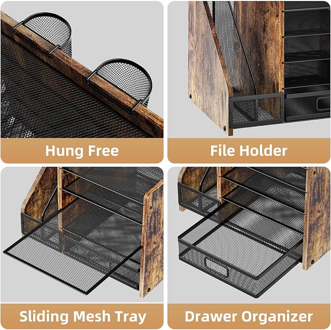 Marbrasse Desk Organizer with File Holder, 5-Tier Paper Letter Tray Organizer with Drawer and 2 Pen Holder, Mesh Desktop Organizer and Storage with Magazine Holder for Office Supplies (Wood-Brown) - Image 4