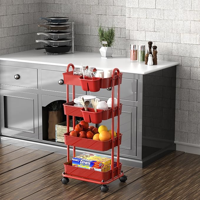 Simple Houseware 4-Tier Rolling Utility Cart with Hanging Bucket, Red | Storage for Bathroom, Kitchen, Office, Study Room, Nursery Diaper - Image 4