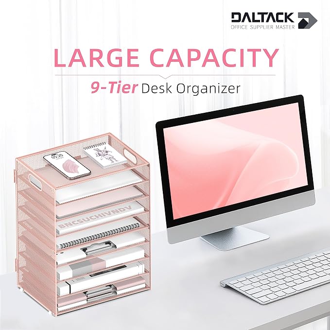 9-Tier Paper Organizer for Desk, Letter Tray with Handles, Pink, 2 Pack | Desk File Organizer with Removable Trays for Sorting Files, Folders, Mail and Printer Paper at Home, School or Office - Image 2