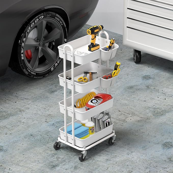 Simple Houseware 4-Tier Rolling Utility Cart with Hanging Bucket, White | Storage for Bathroom, Kitchen, Office, Study Room, Nursery Diaper - Image 5