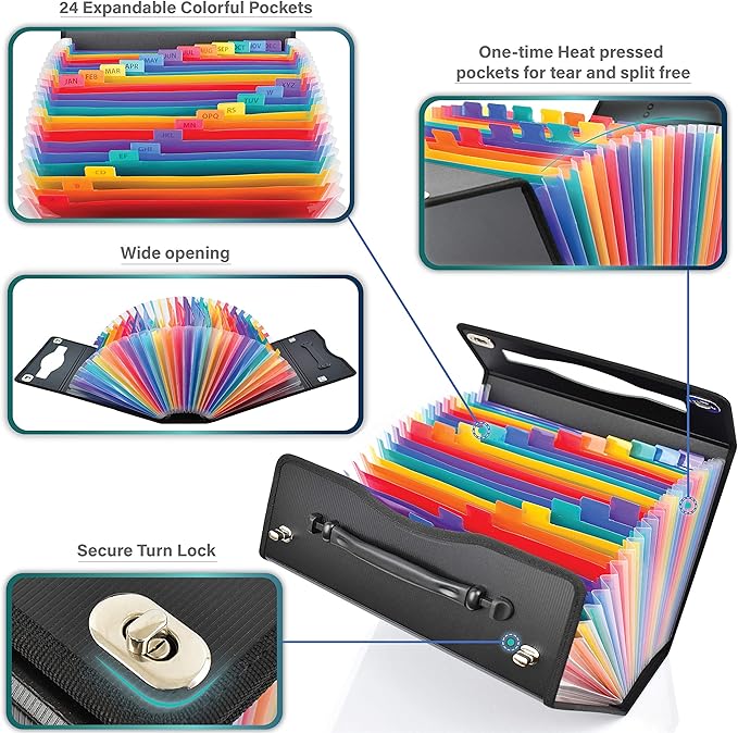 CNK Accordion File Folders with 24 Pockets Organizer for Document Paper Storage Folder Documents Expanding Binder Folio Pocket Receipt Filing Expandable Files Dividers Labels Letter Durable Handle - Image 4