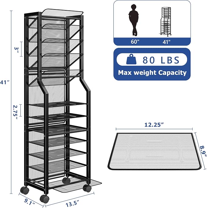 Simple Trending 12 Tier Rolling File Cart, Desk File Organizer with Sliding Trays and Metal Mesh Paper Letter Storage Multi Functional Rolling Clutter Cart for Office, Home, School, Black - Image 7