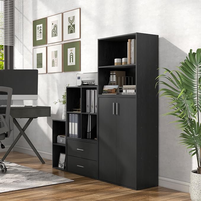 Homes: Inside + Out Apexa 3-Tier Stackable Wood Bookcase with Doors, Cube Storage Organizer Shelves, Small Food Pantry Cabinet, Dorm Teen Room Decor & Bedroom, Home Office, Kitchen, Black - Image 12