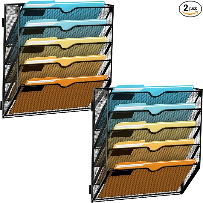 5 Tier Wall File Organizer, Hanging Wall Mounted Mail Organizer with Label Slots, Metal Mesh File Holder Magazine Rack for Office, Home, School or Classroom, Black, 2Pack by SUPEASY