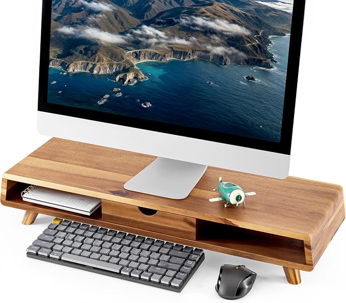 Tinamo Acacia Monitor Stand with Drawer, Multi-Purpose Storage (Patented) | Acacia Wood, Fits Monitors up to 32", Built-in Drawer, Hidden Storage, Non-slip, Round Edge, Ergonomic Height, Easy Assembly by TINAMO
