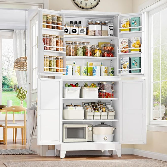 74.8" Tall Metal Food Cabinet, White Kitchen Pantry Cabinet, Storage Cabinets with 4 Door and 4 Adjustable Shelves, Steel Freestanding Cupboard for Kitchen Dining Room Living Room Bathroom