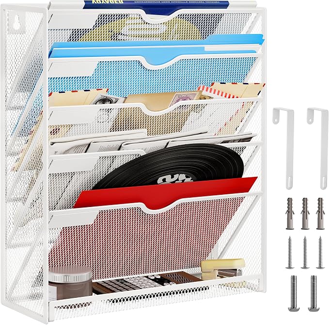 Lavatino 6-Tier Hanging File Organizer with Hooks – No Installation Needed, Wall-Mounted File & Magazine Organizer for Office and Home (White) by Lavatino