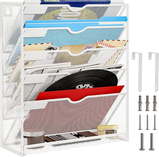 Lavatino 6-Tier Hanging File Organizer with Hooks – No Installation Needed, Wall-Mounted File & Magazine Organizer for Office and Home (White) by Lavatino
