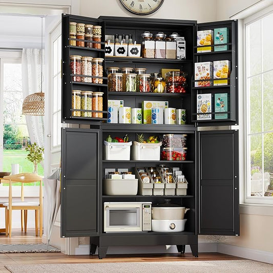 74.8" Tall Metal Food Cabinet, Black Kitchen Pantry Cabinet, Storage Cabinets with 4 Door and 4 Adjustable Shelves, Steel Freestanding Cupboard for Kitchen Dining Room Living Room Bathroom