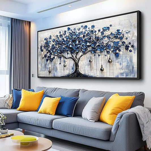 XIGUANGART Tree of Life Large Wall Art Modern Abstract Paintings Watercolor Blue Farmhouse Framed Artwork Tree & bell Canvas Prints Pictures Wall Decor for Living Room Bedroom Home Office Decoration