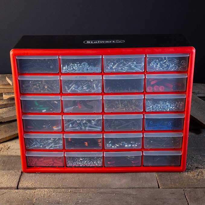 24 Plastic Drawers Organizer - Compartment Storage - Desktop and Wall Mount Container for Hardware, Parts, Crafts, Beads, and Tools by Stalwart (Red) - Image 2