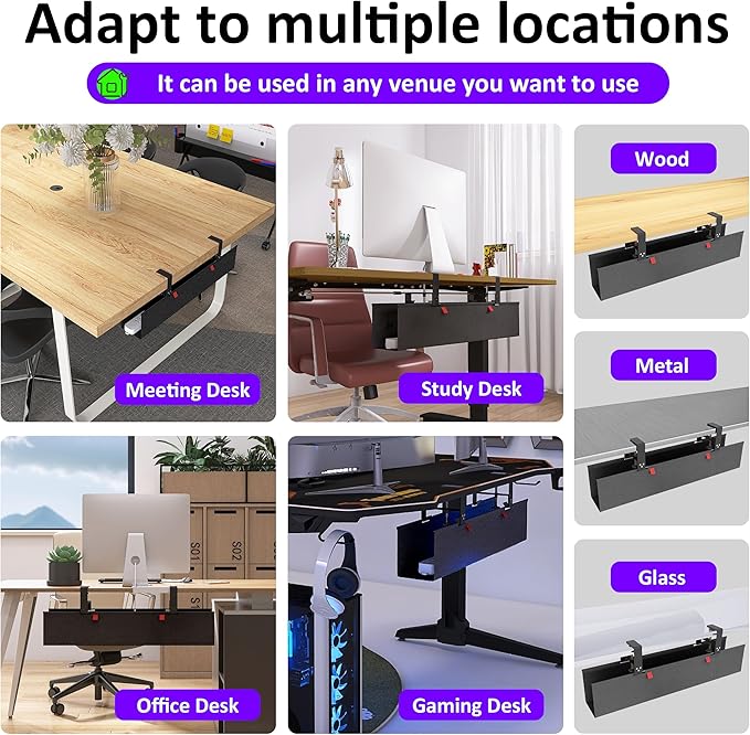 Under Desk Cable Management Tray - Under Desk Cord Management - Clamp/Screw Mount - Fabric Wire Management - Cable Raceways Tray Cord Hiders for Office/Home (Black, 28.6"×5.6") - Image 5