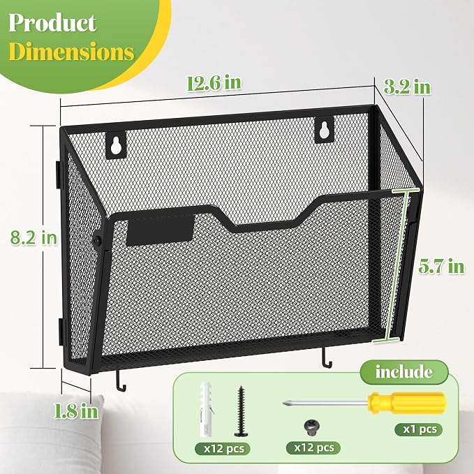 YINGHUA 6 Pack Wall Mounted Mesh File Folder Organizer with Hooks, Black | 12.6" durable metal hanging baskets. Perfect vertical storage for mail, magazines and papers in office, home or school. - Image 2