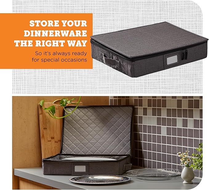 Hard Shell Platter Storage Container | Felt Dividers | Gray | Hard Shell Platter Case Holds 4 Large Serving Platters With Felt Dividers. Dual Zippers, Stackable, Dust-Free. - Image 2