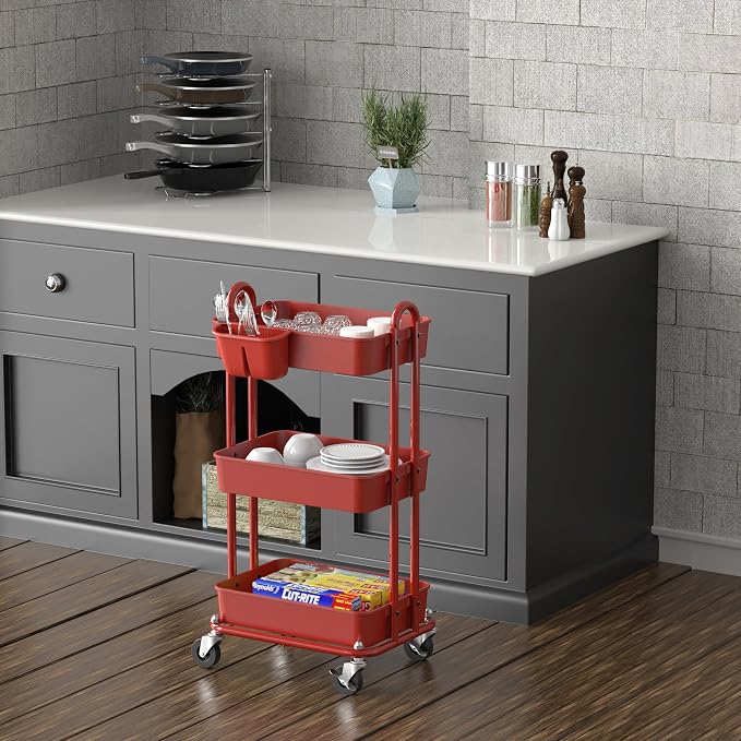 Simple Houseware 3-Tier Rolling Utility Cart with Hanging Bucket, Red | Storage for Bathroom, Kitchen, Office, Study Room, Nursery Diaper - Image 4