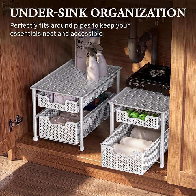 Simple Houseware Stackable 2 Tier Sliding Basket Organizer Drawer, White - Image 6
