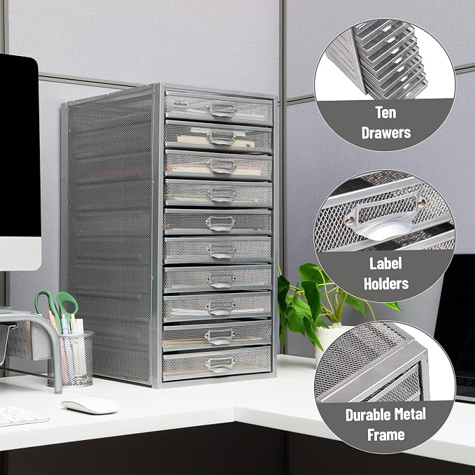 Mind Reader 10-Drawer Desk Organizer for Office Supplies, Crafts, Mail Sorting & More, Metal Mesh, Silver - Image 6