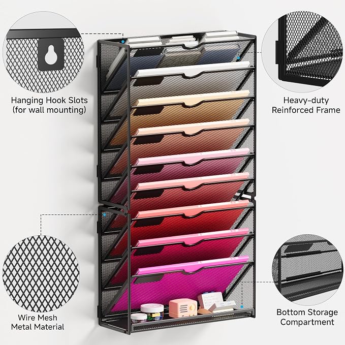 Lavatino 10-Tier Hanging Wall File Folders Organizer - Black Metal Mesh Paper Magazine Document Mail Holder File Organizer for Office School Home Wall Mount or Desk Supplies Organization - Image 3